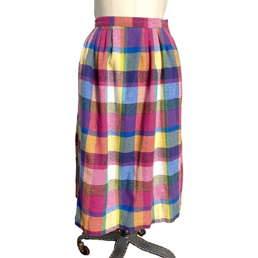 Vintage 80s Rainbow Plaid Midi Skirt - Pleats + Pockets - Eccobay - Size Medium